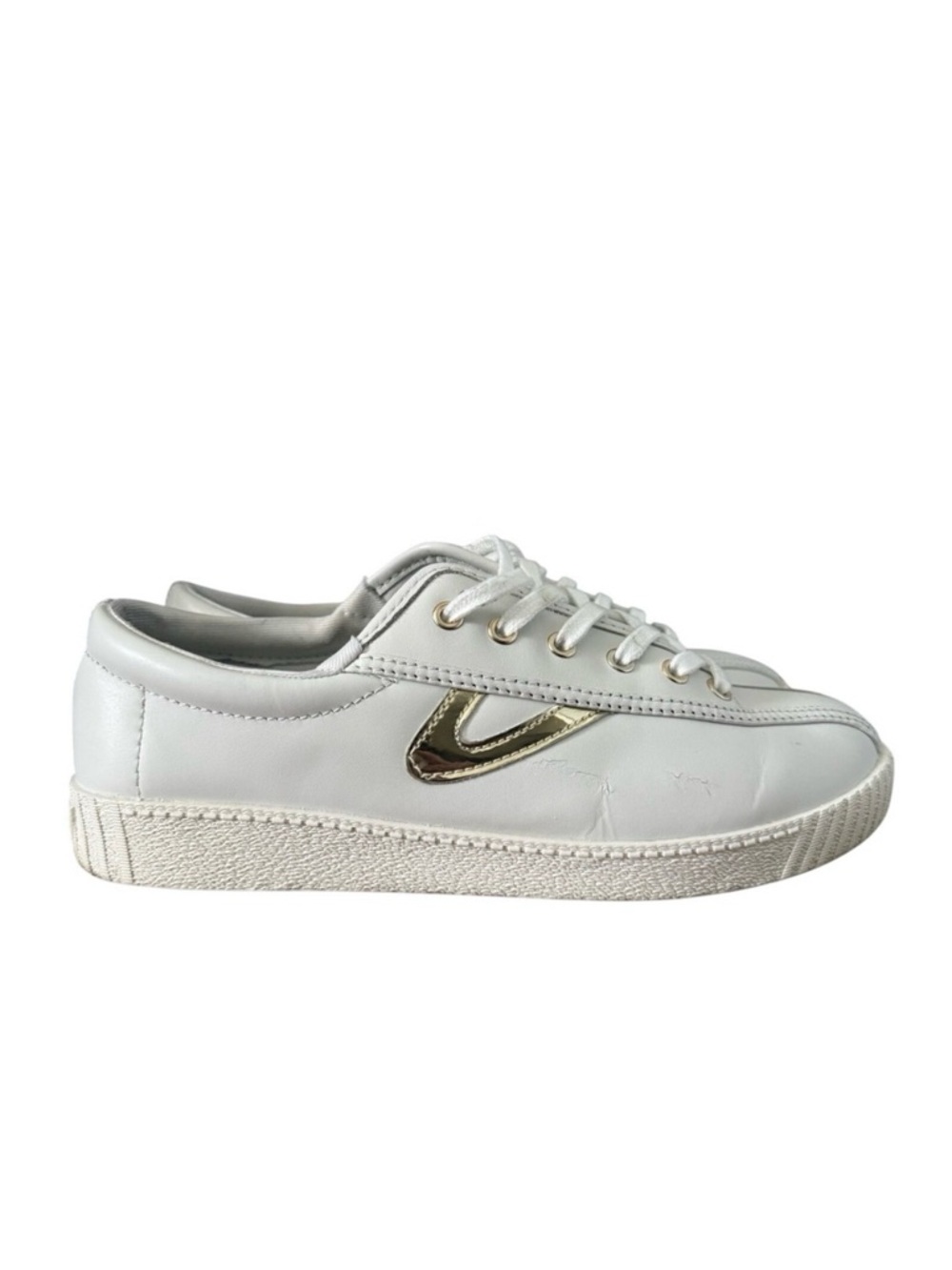 Tretorn Nylite Plus Classic White Leather Sneakers Gold Metallic Tennis Shoes 7